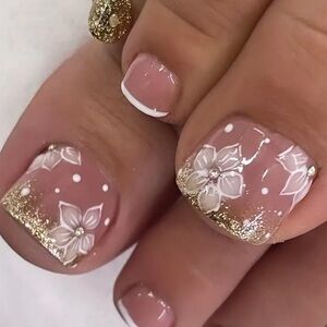 24pcs Sparkling Golden Glitter Flower Press On Toenails with Rhinestone